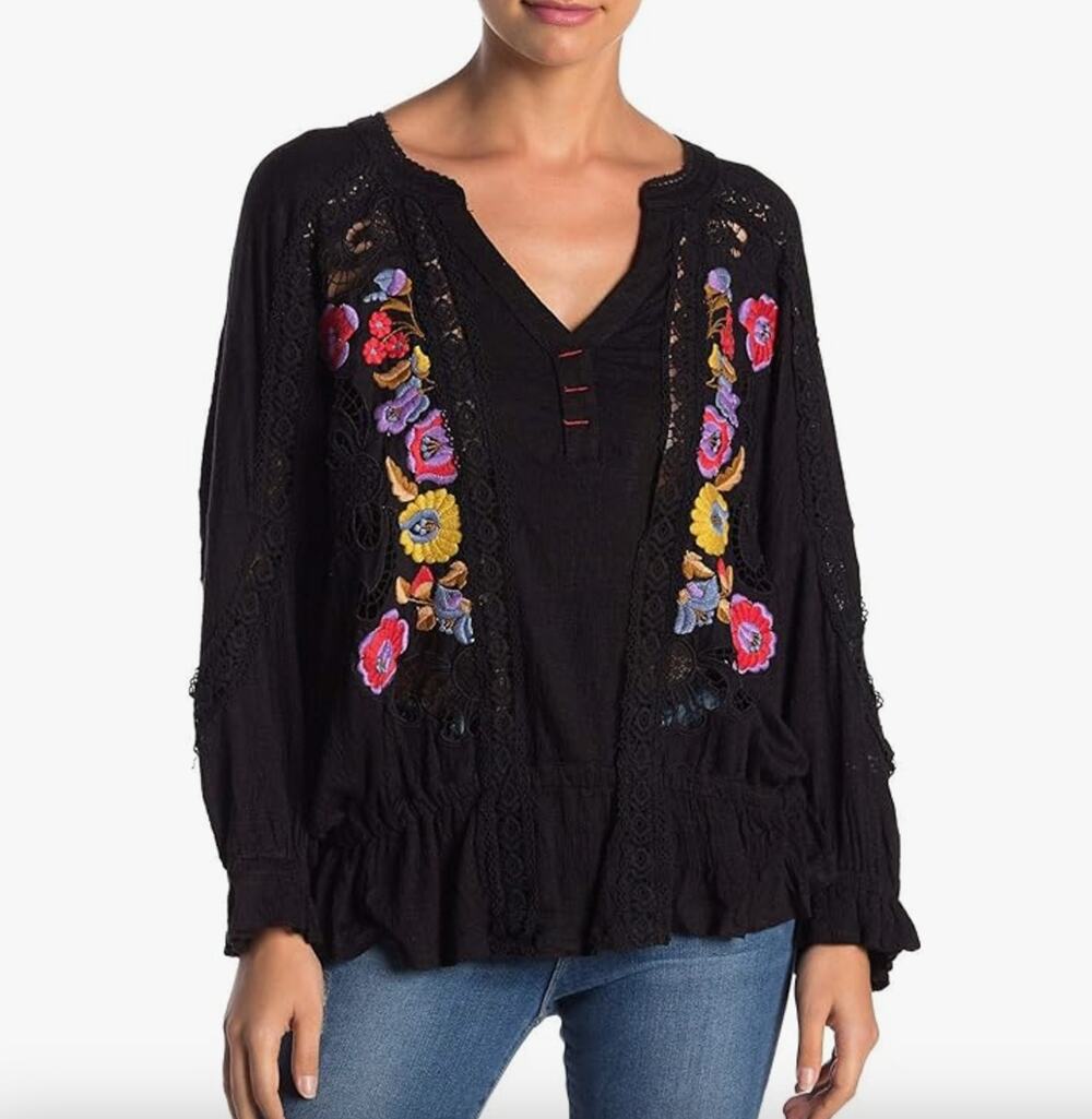 Free People Serafina Boho Embroidered Crochet Black Colorful Top Medium